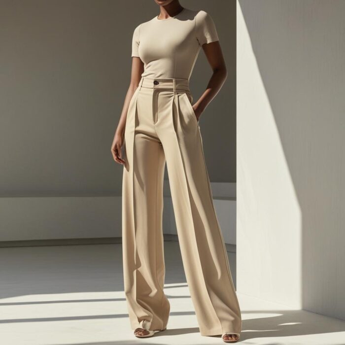 High-Waist Wide Leg Trousers – Beige