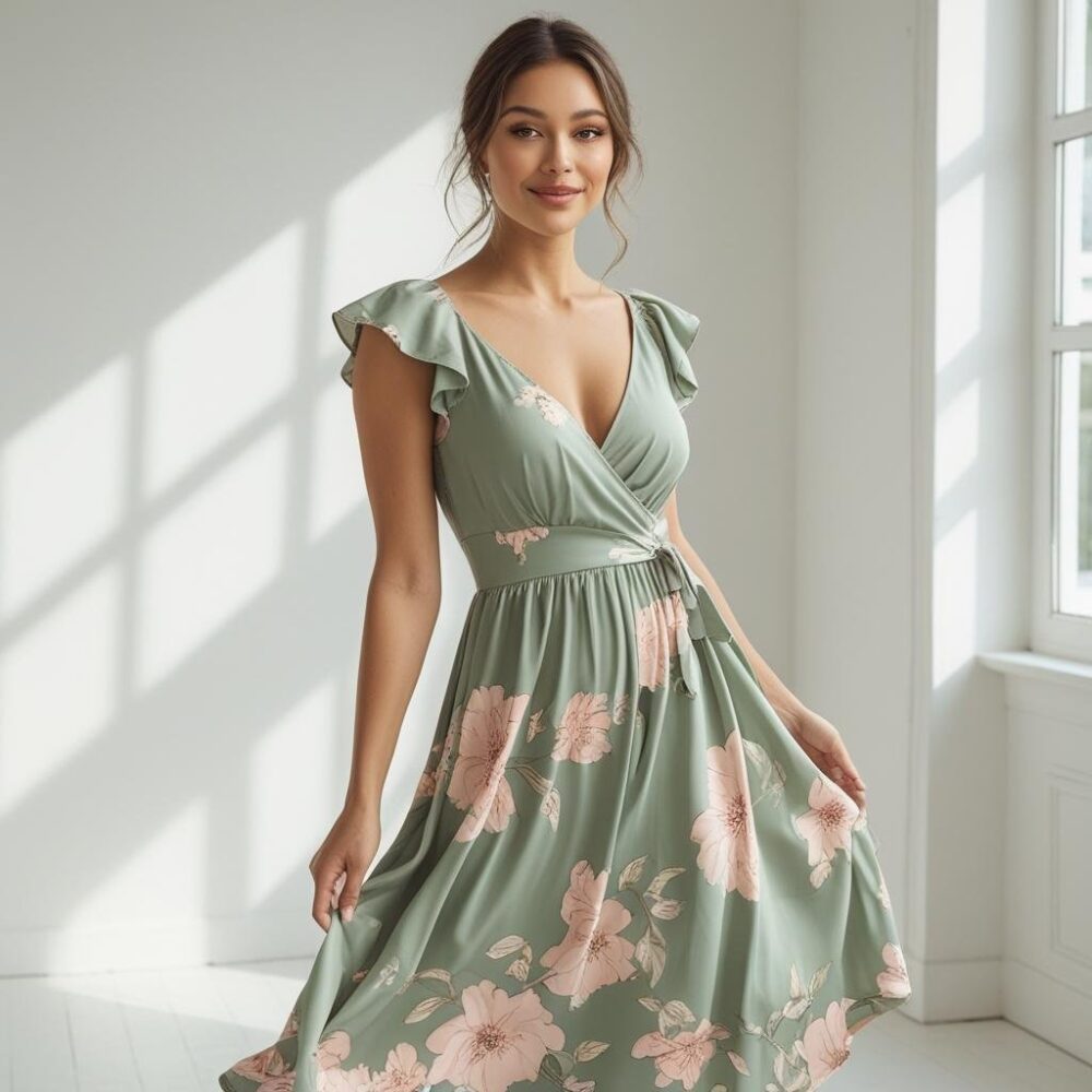Floral Midi Dress – Sage Green