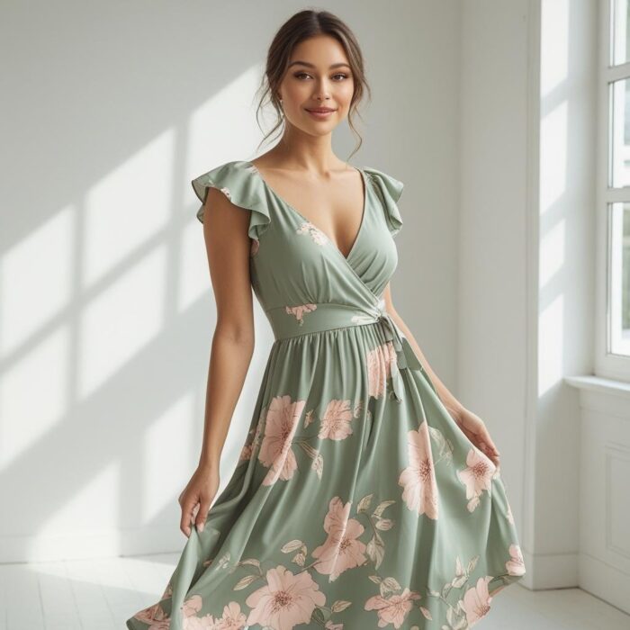 Floral Midi Dress – Sage Green