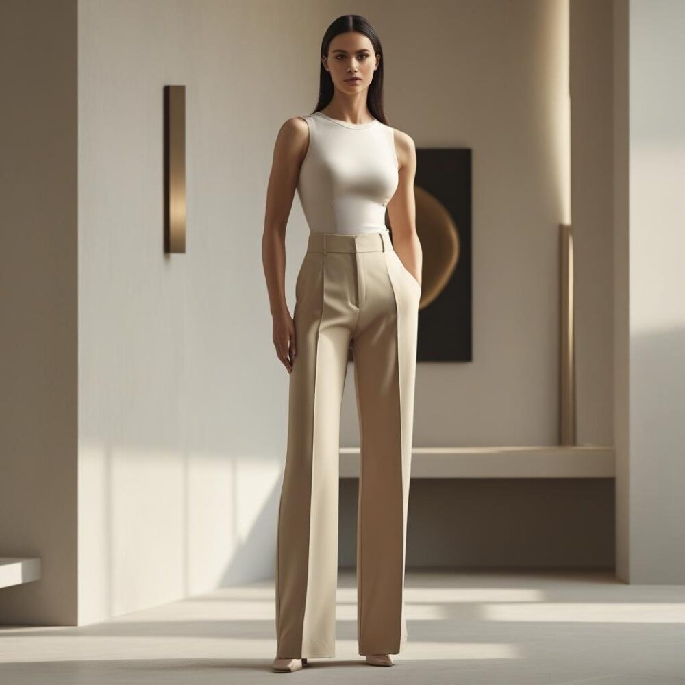 High-Waist Wide Leg Trousers – Beige - Image 2
