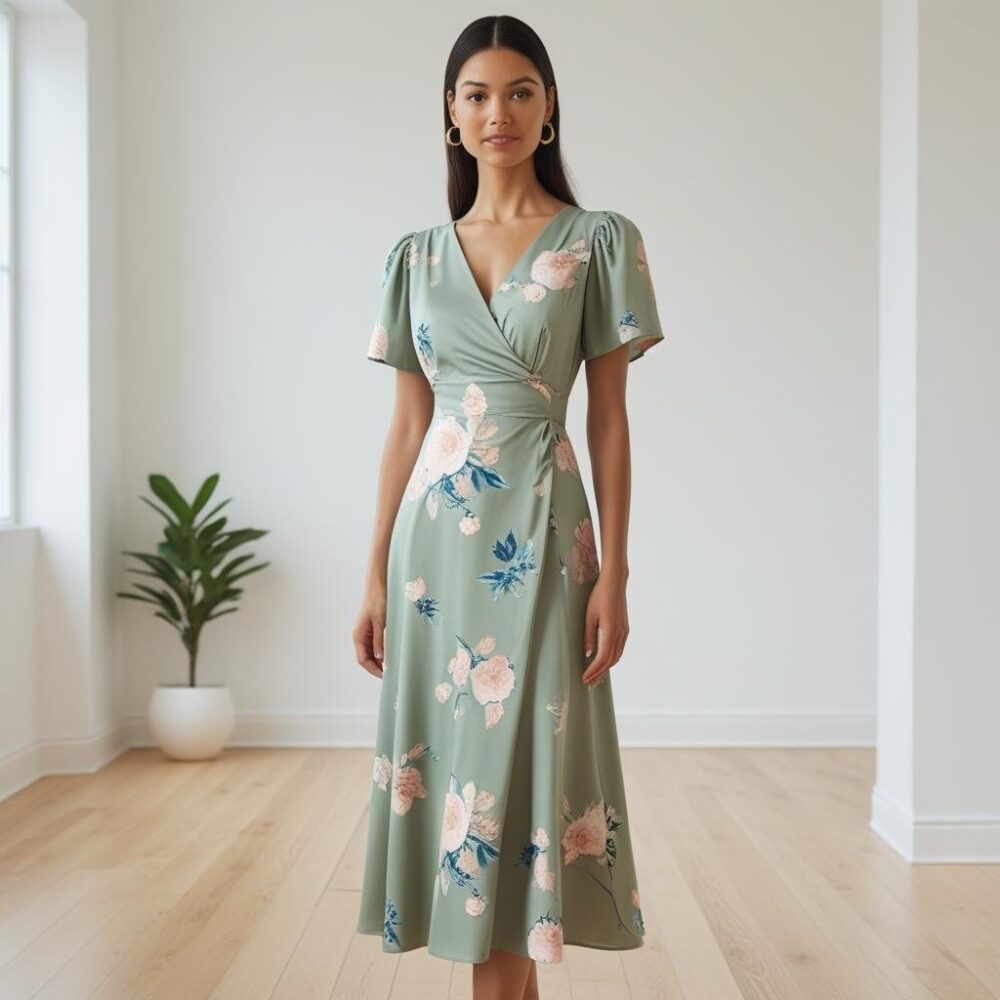 Floral Midi Dress – Sage Green - Image 2